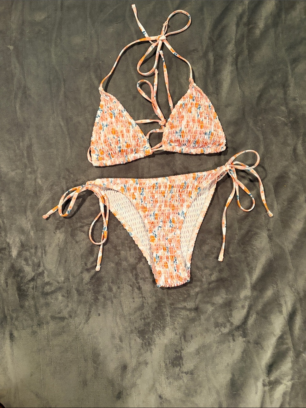 SHEIN Orange Multicolor Smocked Triangle Tie Bikini